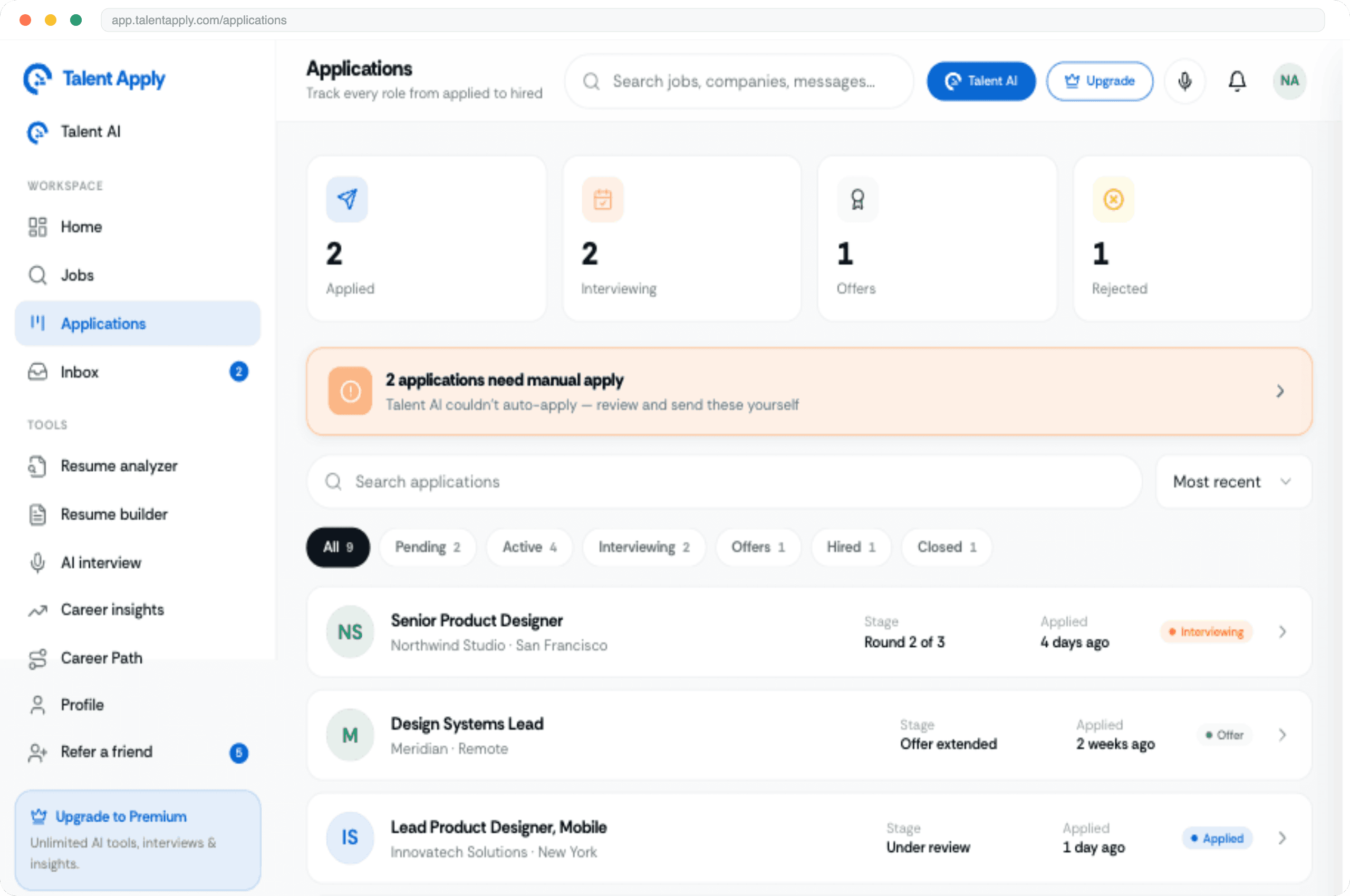 TalentApply applications workspace